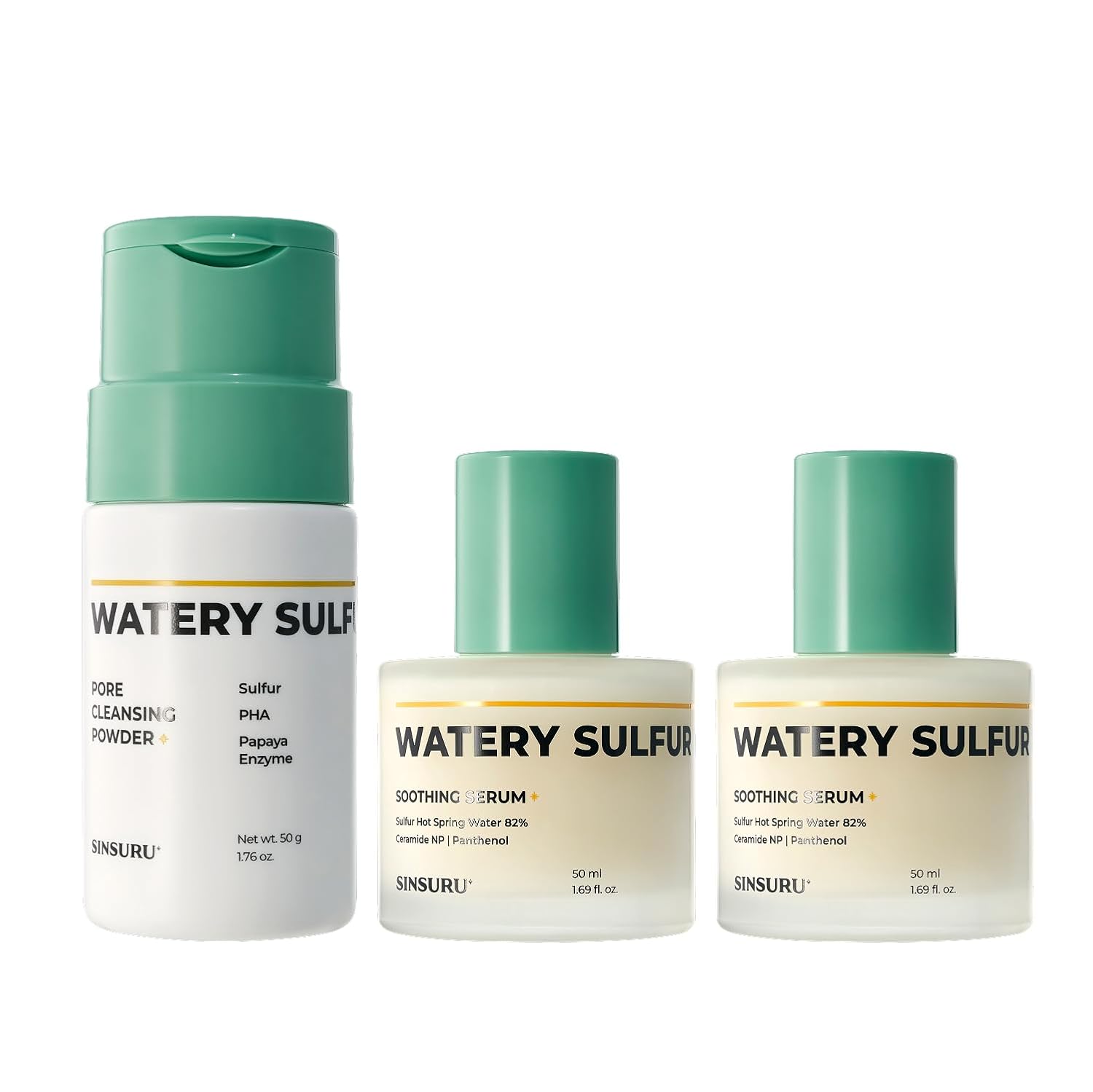 Watery Sulfur Acne Care Duo 2 – Cleansing Powder & Soothing Serum(x2) for Acne-Prone, Sensitive Skin | Gentle, Fragrance-Free Korean Skincare Routine