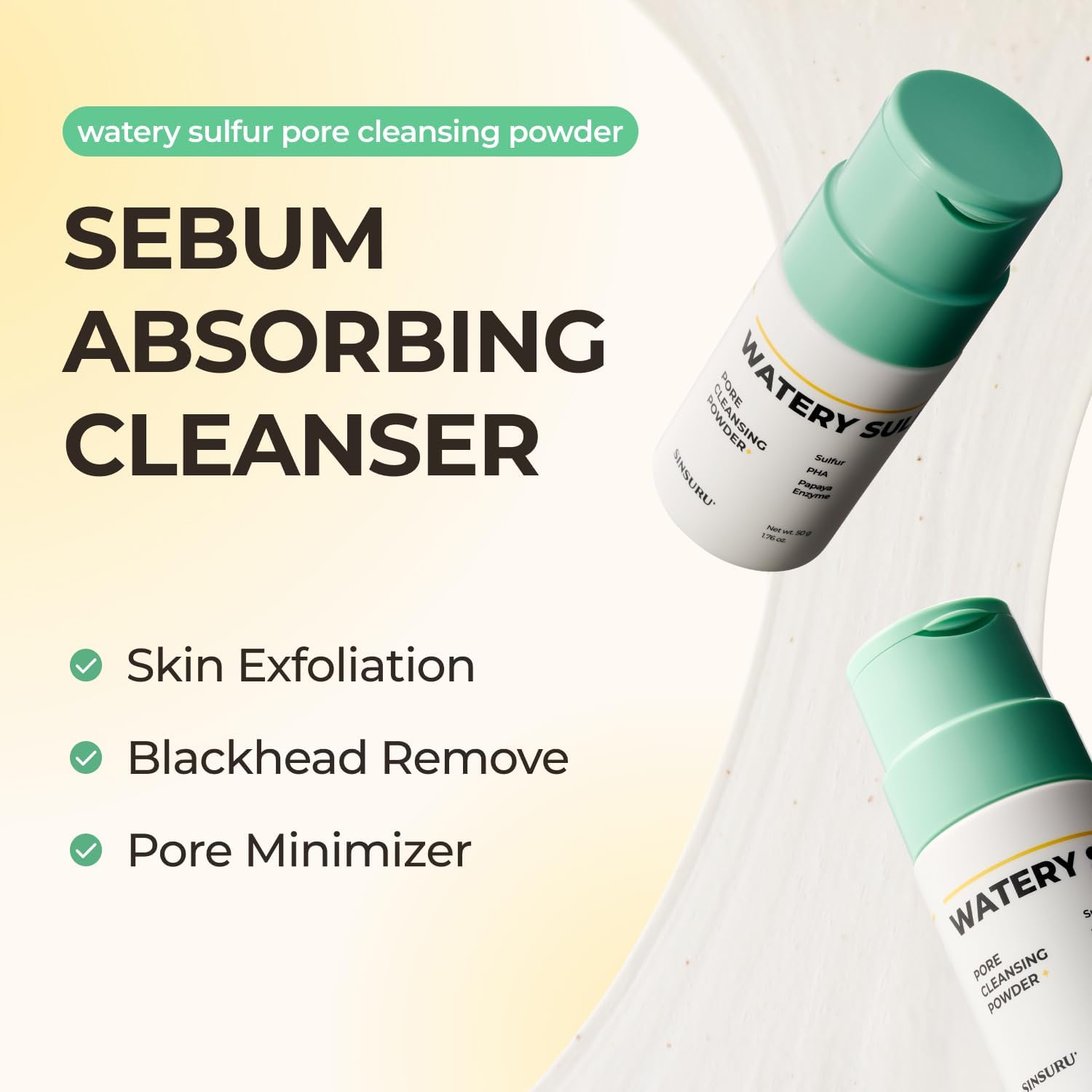 Watery Sulfur Pore Cleansing Powder, Korean Enzyme & Rice Powder & PHA Face Wash for Blackhead Removal, Sensitive and Acne-Prone Skin, Radiant Glow, Bumpy skin (1.76 oz / 50g)