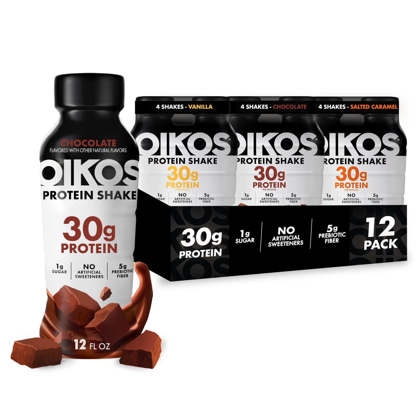 Oikos Protein Shake, Vanilla, 30g High Protein Drinks, Shelf Stable, Ready to Drink, 5g Prebiotic Fiber, 12 fl oz Bottle (Pack of 24)