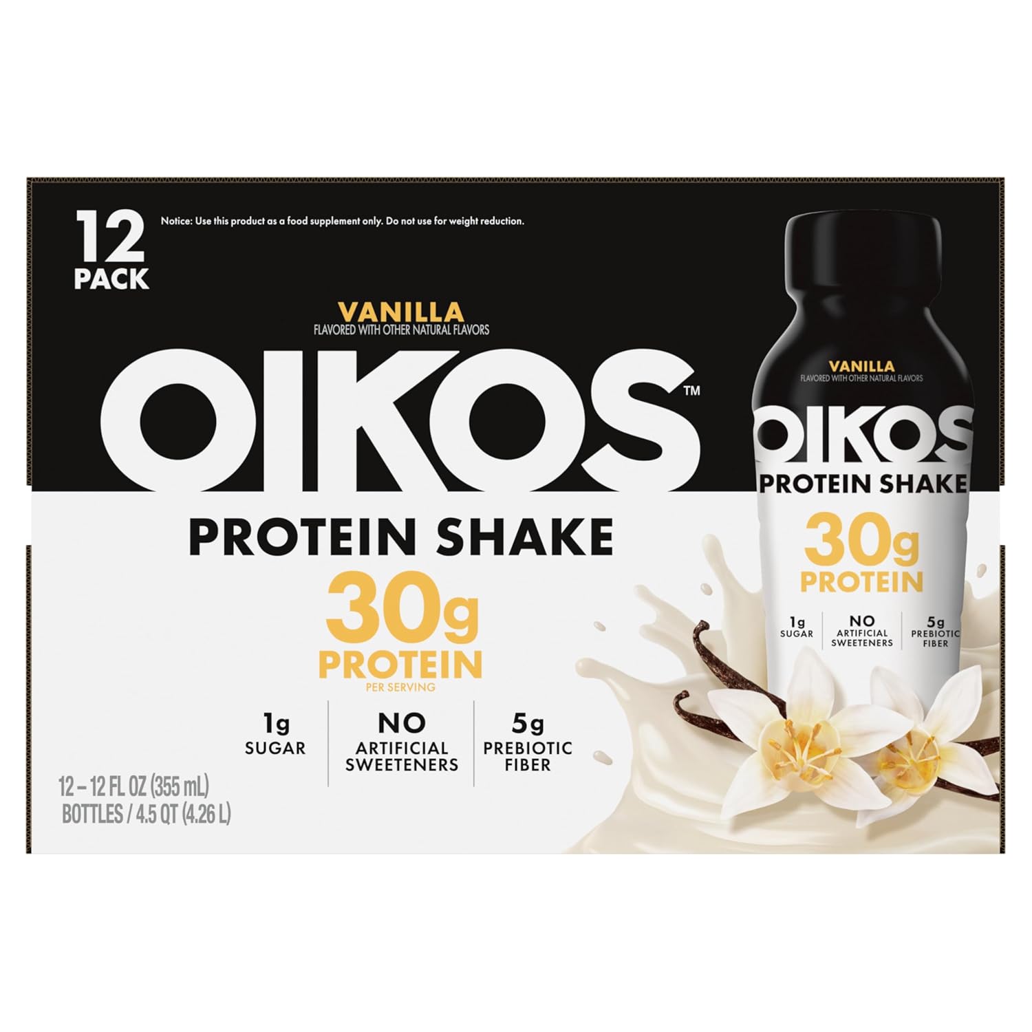 Oikos Protein Shake, Vanilla, 30g High Protein Drinks, Shelf Stable, Ready to Drink, 5g Prebiotic Fiber, 12 fl oz Bottle (Pack of 24)