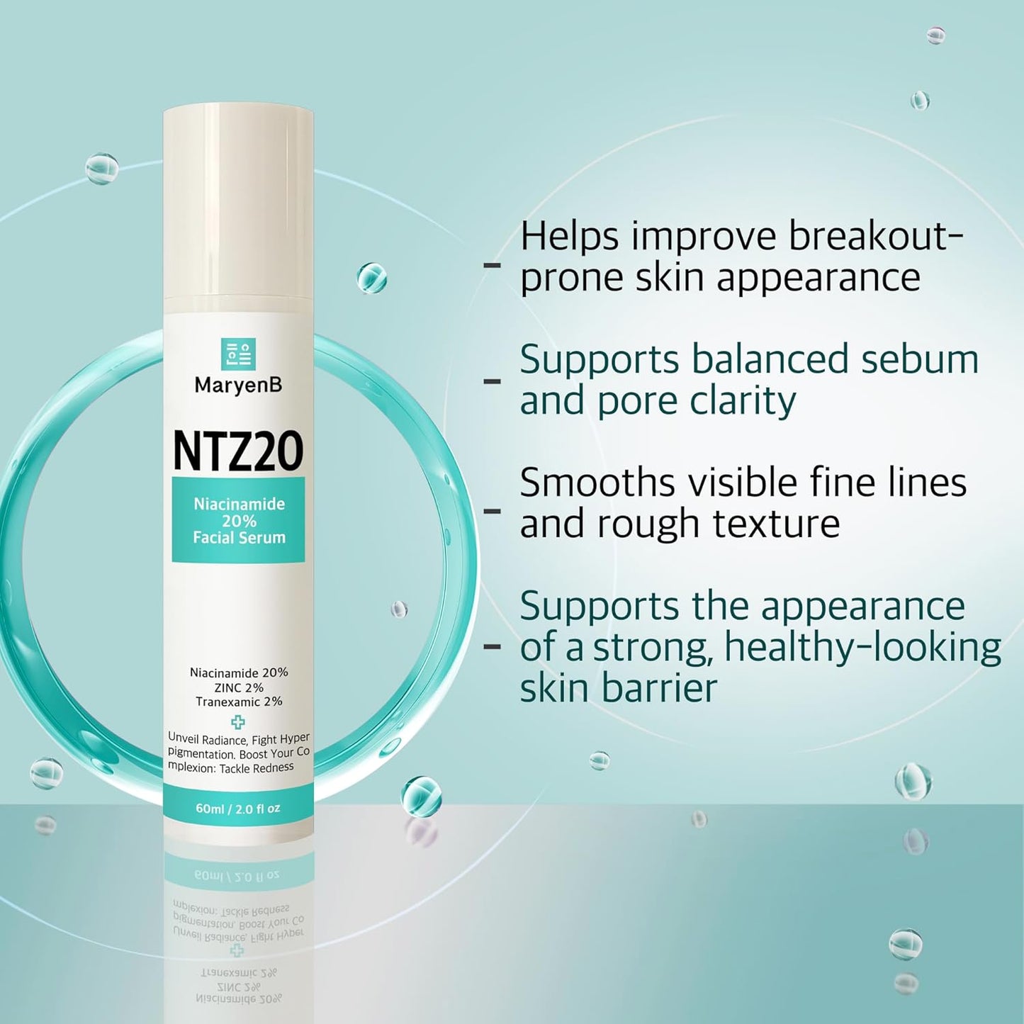 20% Niacinamide + 2% Tranexamic Acid + Zinc PCA Face Serum for Uneven Tone, Pores & Blemish-Prone Skin, Hydrating Facial Serum with Aloe, Green Tea, Hyaluronic Acid, 2 Fl Oz (60ml)