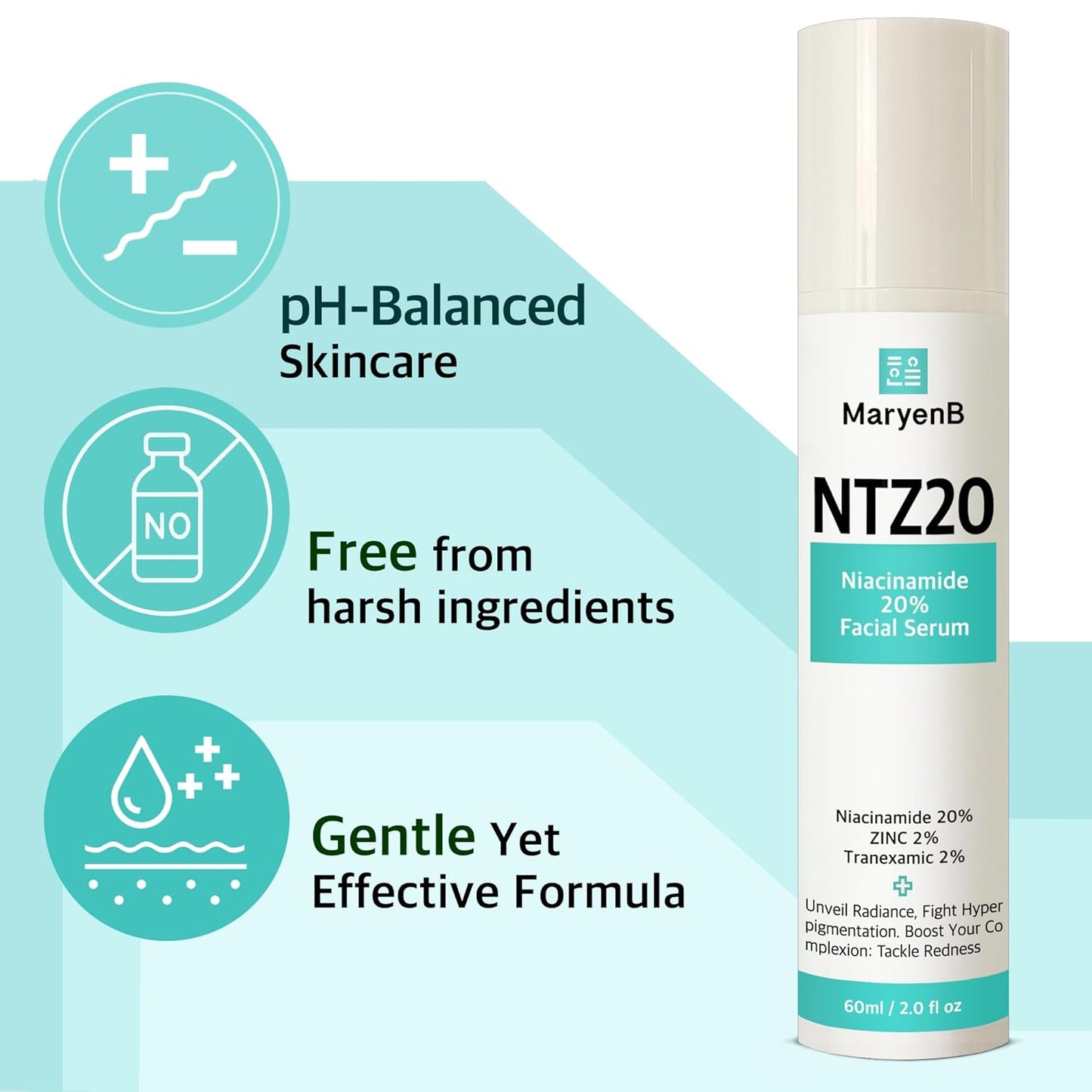 20% Niacinamide + 2% Tranexamic Acid + Zinc PCA Face Serum for Uneven Tone, Pores & Blemish-Prone Skin, Hydrating Facial Serum with Aloe, Green Tea, Hyaluronic Acid, 2 Fl Oz (60ml)