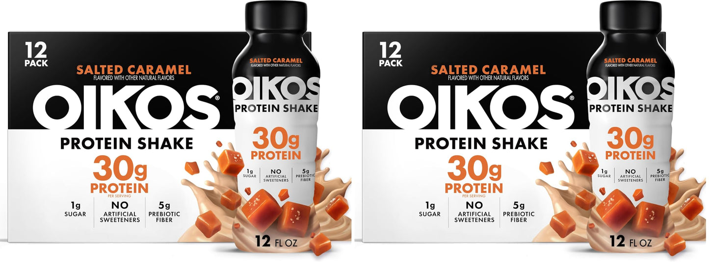 Oikos Protein Shake, Vanilla, 30g High Protein Drinks, Shelf Stable, Ready to Drink, 5g Prebiotic Fiber, 12 fl oz Bottle (Pack of 24)