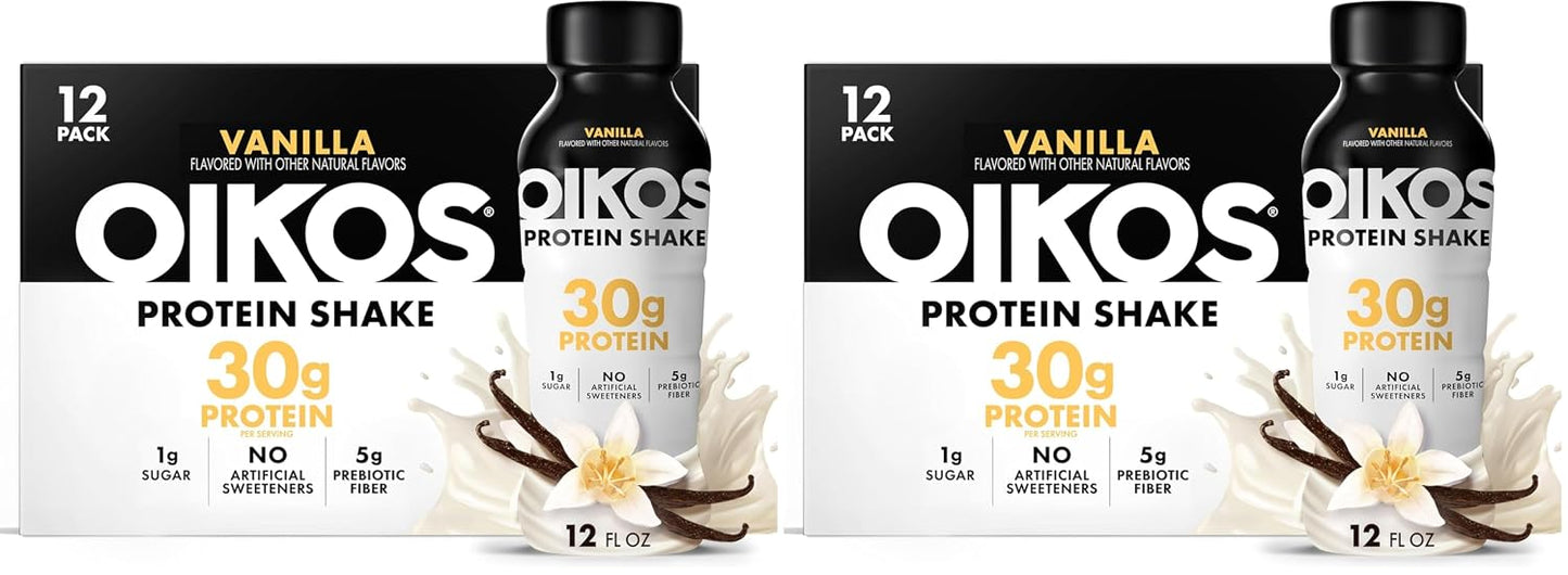 Oikos Protein Shake, Vanilla, 30g High Protein Drinks, Shelf Stable, Ready to Drink, 5g Prebiotic Fiber, 12 fl oz Bottle (Pack of 24)