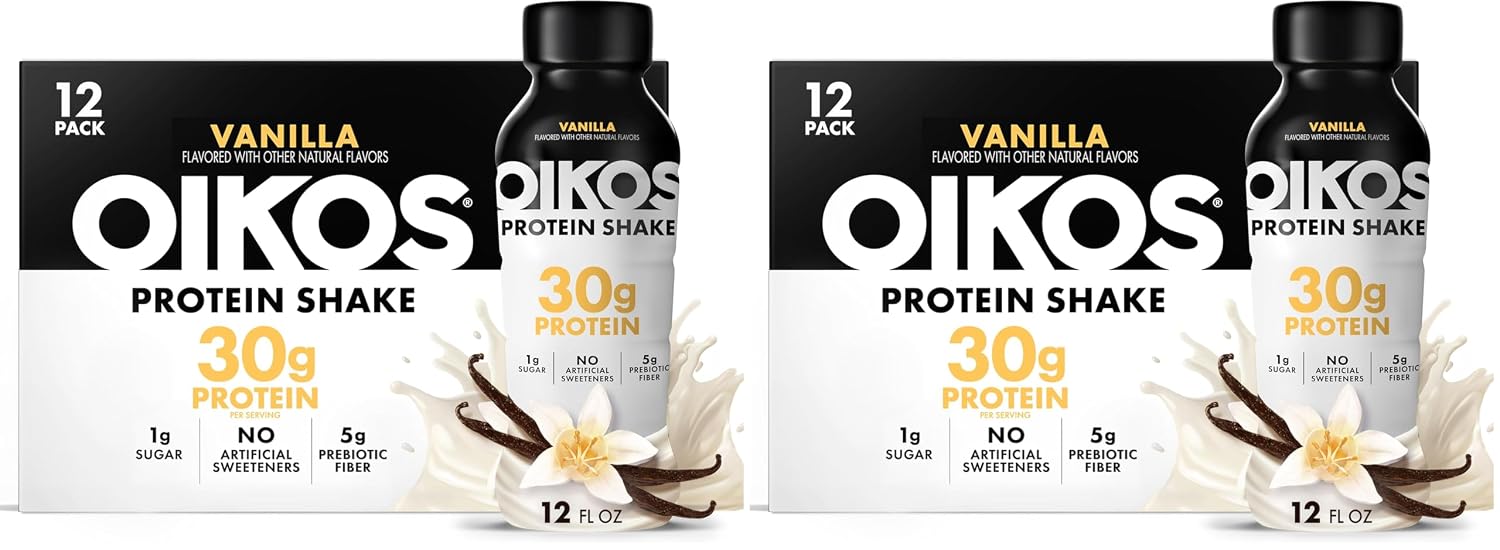 Oikos Protein Shake, Vanilla, 30g High Protein Drinks, Shelf Stable, Ready to Drink, 5g Prebiotic Fiber, 12 fl oz Bottle (Pack of 24)