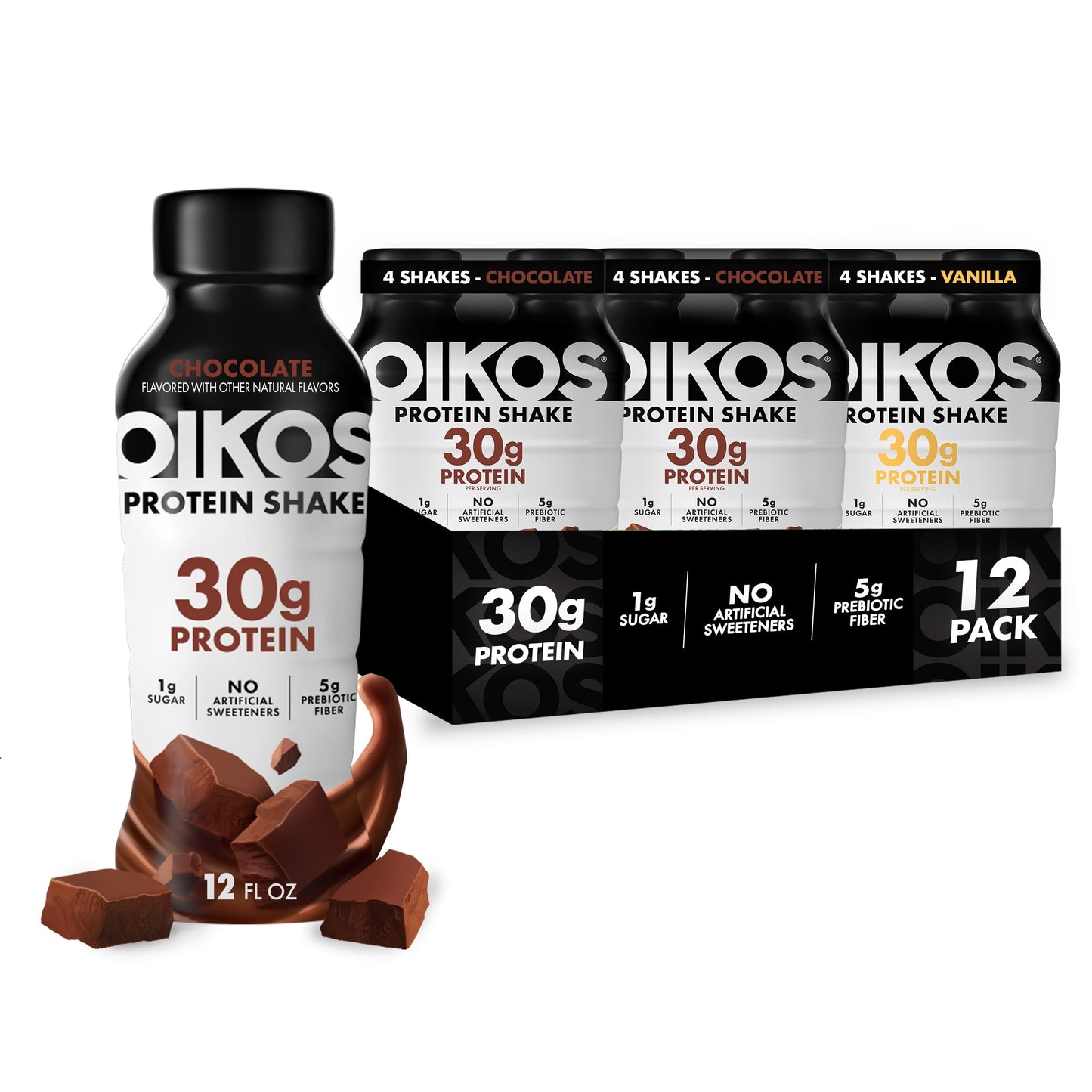 Oikos Protein Shake, Vanilla, 30g High Protein Drinks, Shelf Stable, Ready to Drink, 5g Prebiotic Fiber, 12 fl oz Bottle (Pack of 24)