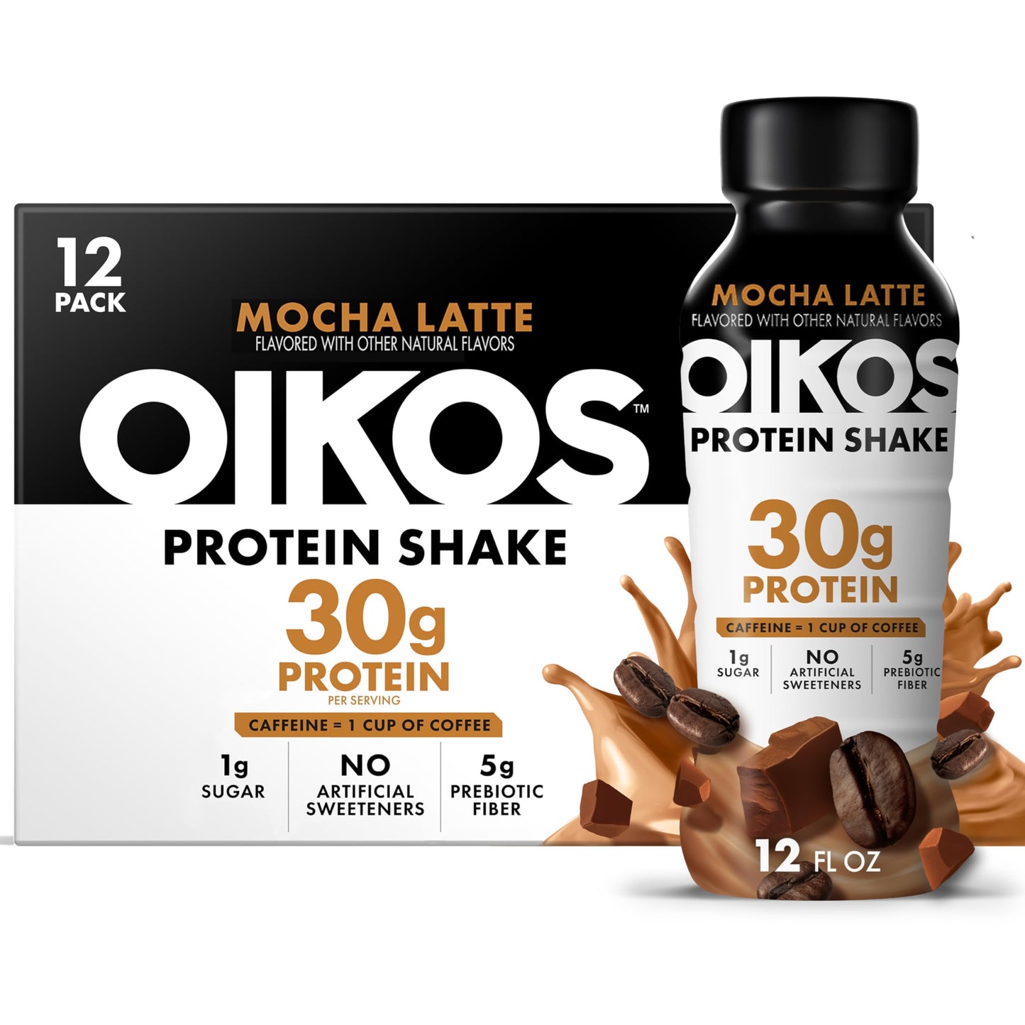 Oikos Protein Shake, Vanilla, 30g High Protein Drinks, Shelf Stable, Ready to Drink, 5g Prebiotic Fiber, 12 fl oz Bottle (Pack of 24)