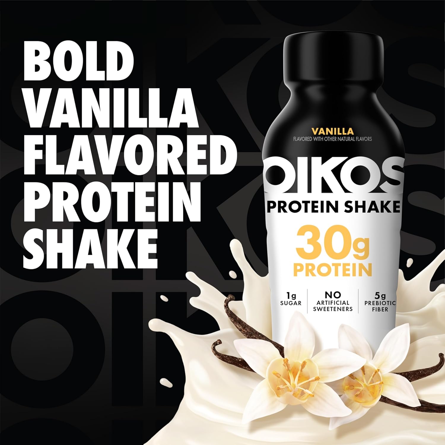 Oikos Protein Shake, Vanilla, 30g High Protein Drinks, Shelf Stable, Ready to Drink, 5g Prebiotic Fiber, 12 fl oz Bottle (Pack of 24)