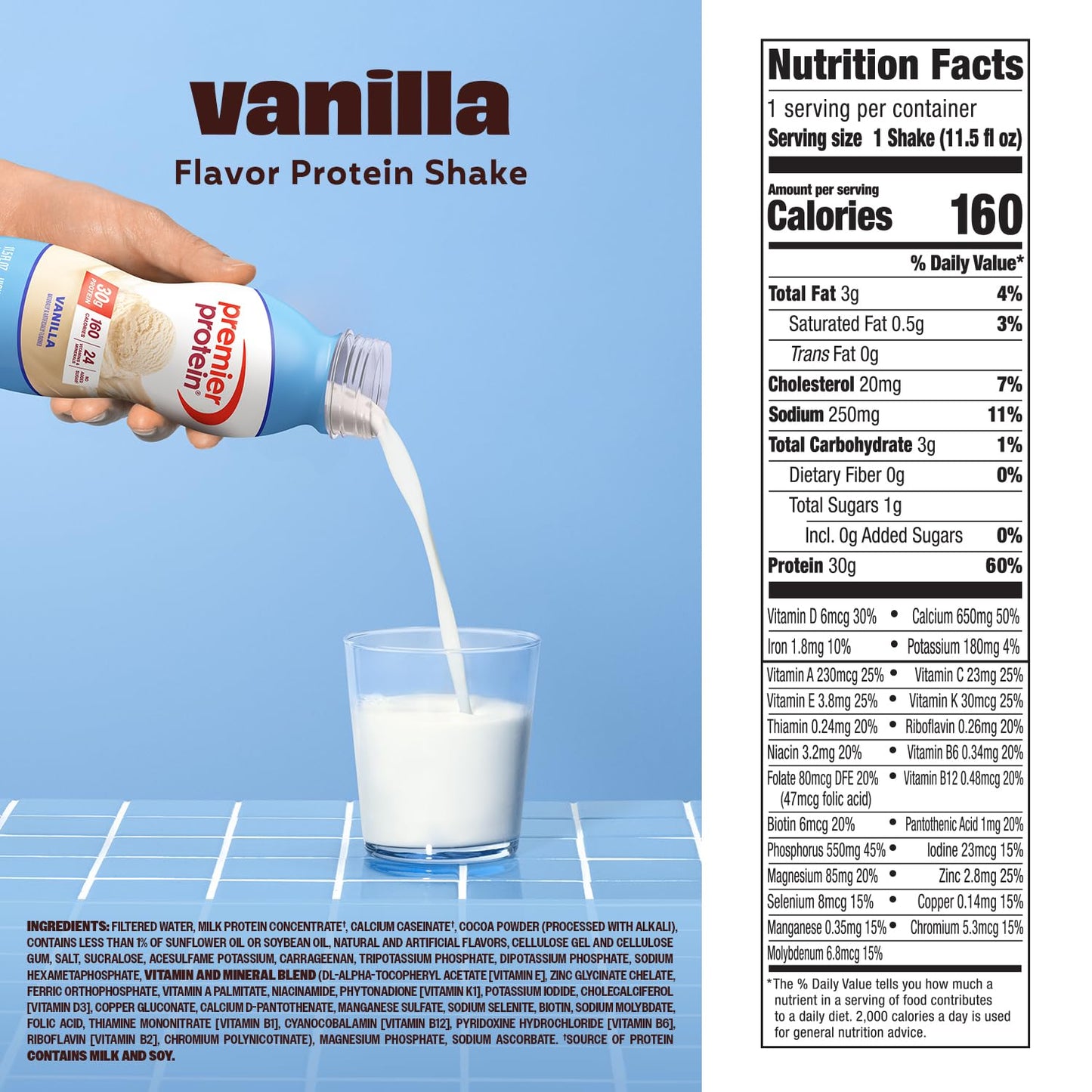 Premier Protein 30g High Protein Shake, Vanilla, 12 Pack | 160 Calories, 24 Vitamins & Minerals, No Added Sugar, Supports Muscle Health, Gluten-Free, 11.5 oz