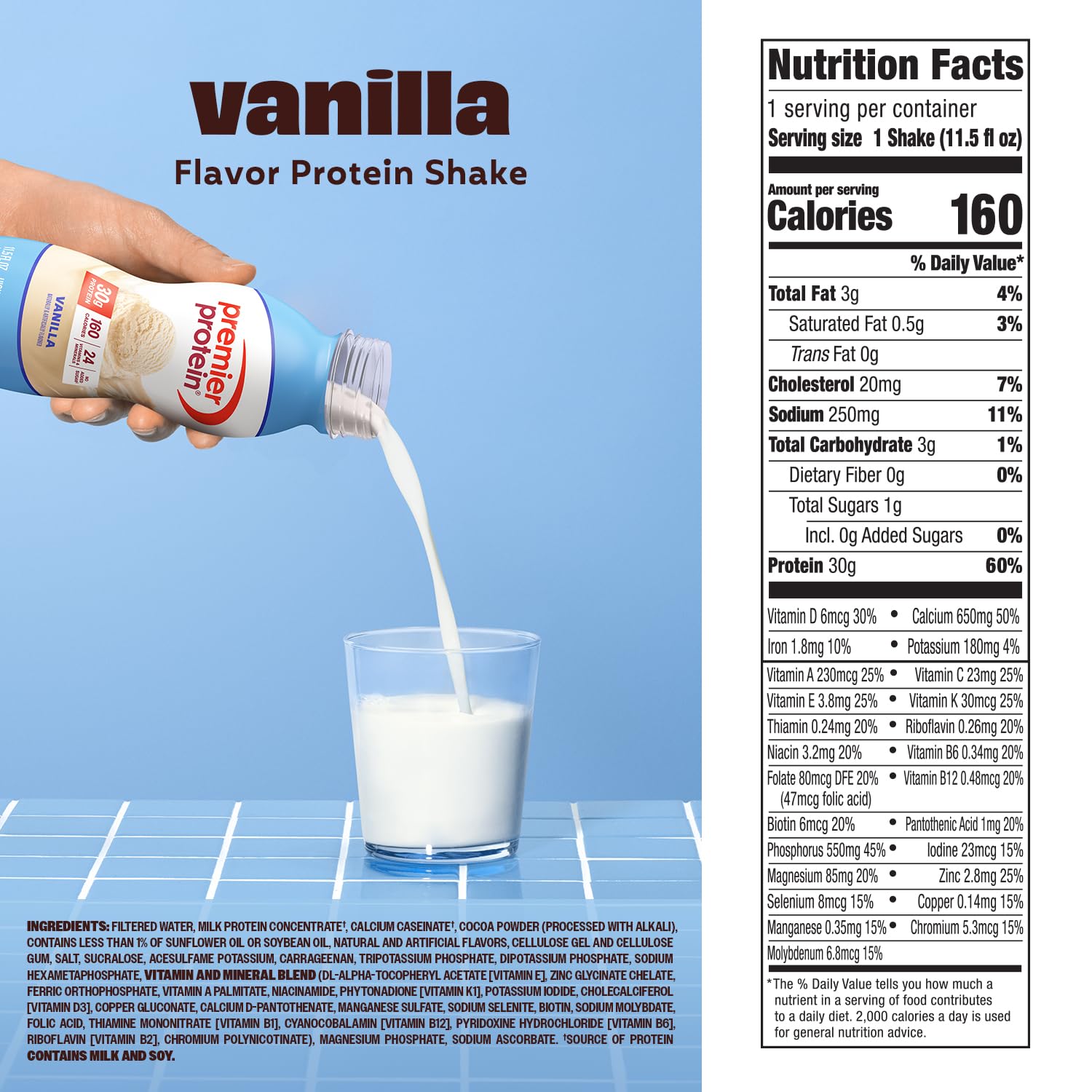 Premier Protein 30g High Protein Shake, Vanilla, 12 Pack | 160 Calories, 24 Vitamins & Minerals, No Added Sugar, Supports Muscle Health, Gluten-Free, 11.5 oz