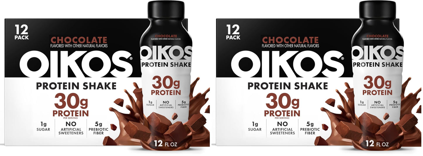 Oikos Protein Shake, Vanilla, 30g High Protein Drinks, Shelf Stable, Ready to Drink, 5g Prebiotic Fiber, 12 fl oz Bottle (Pack of 24)