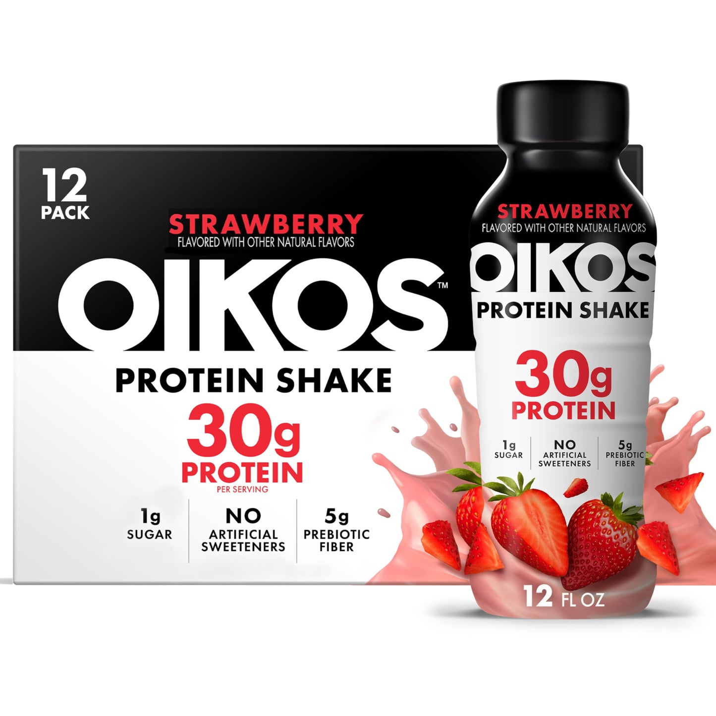 Oikos Protein Shake, Vanilla, 30g High Protein Drinks, Shelf Stable, Ready to Drink, 5g Prebiotic Fiber, 12 fl oz Bottle (Pack of 24)