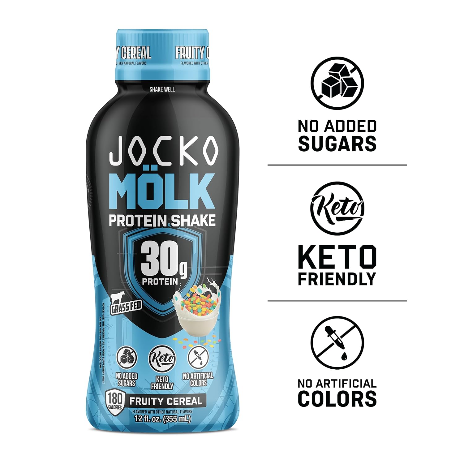 Jocko Mölk 30g Grass Fed Protein Shakes – No Added Sugar Protein Drinks KETO Friendly - Ready to Drink 12 FL Oz (Pack of 12) Fruity Cereal