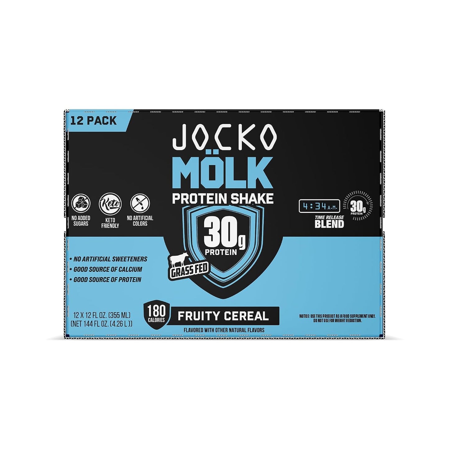 Jocko Mölk 30g Grass Fed Protein Shakes – No Added Sugar Protein Drinks KETO Friendly - Ready to Drink 12 FL Oz (Pack of 12) Fruity Cereal