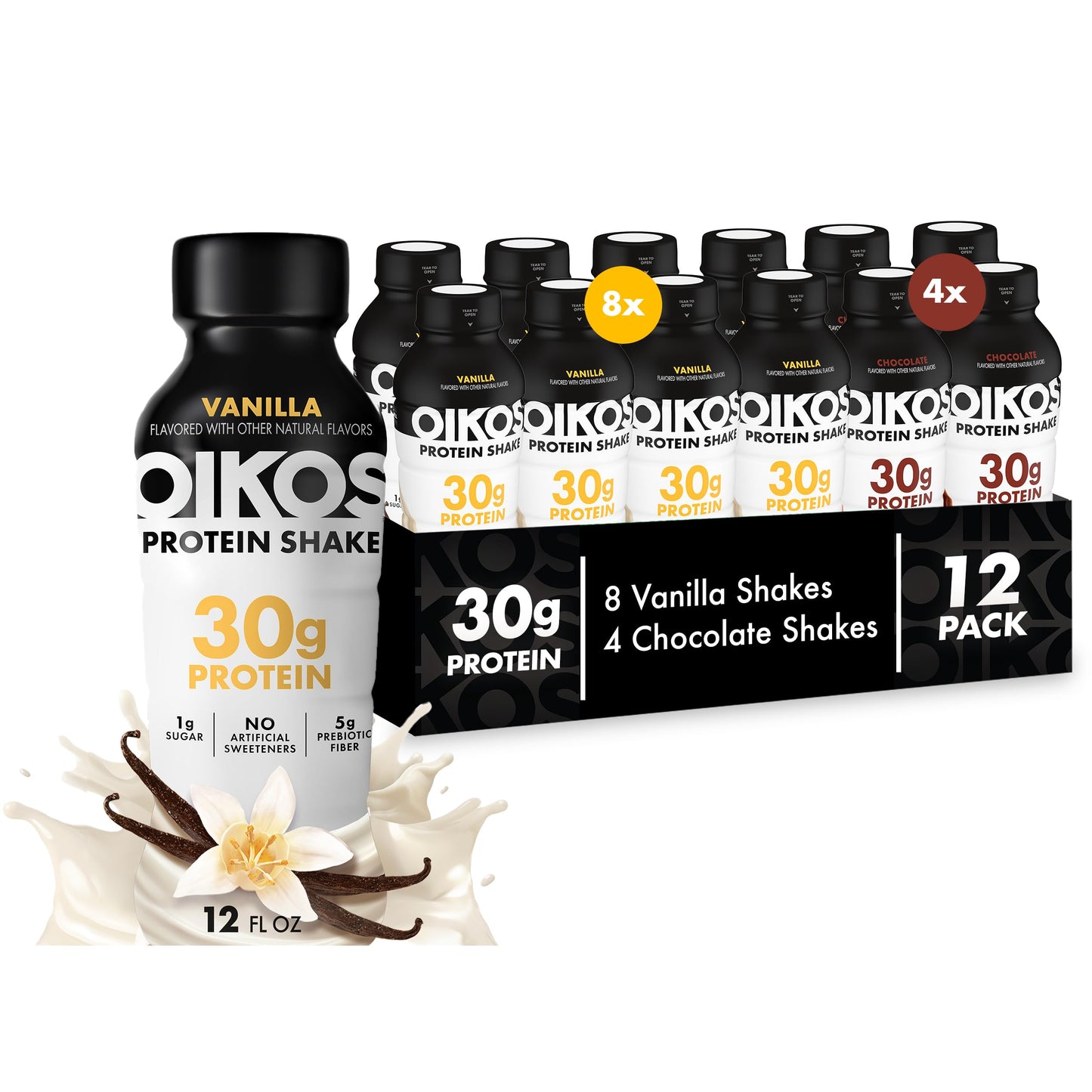 Oikos Protein Shake, Vanilla, 30g High Protein Drinks, Shelf Stable, Ready to Drink, 5g Prebiotic Fiber, 12 fl oz Bottle (Pack of 24)