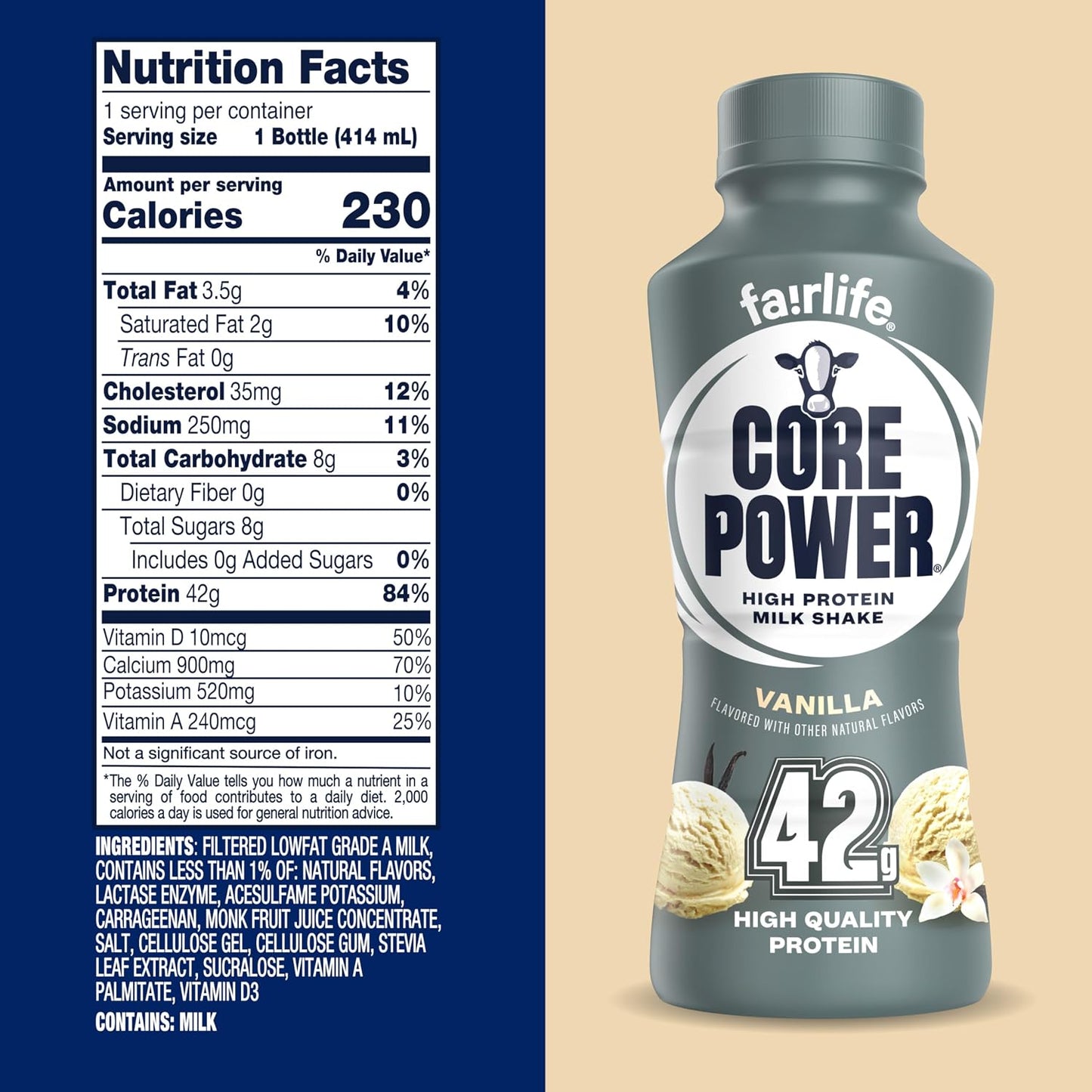 Core Power Elite High Protein Shake, Vanilla, 42g Bottle, 14oz, 12 Pack
